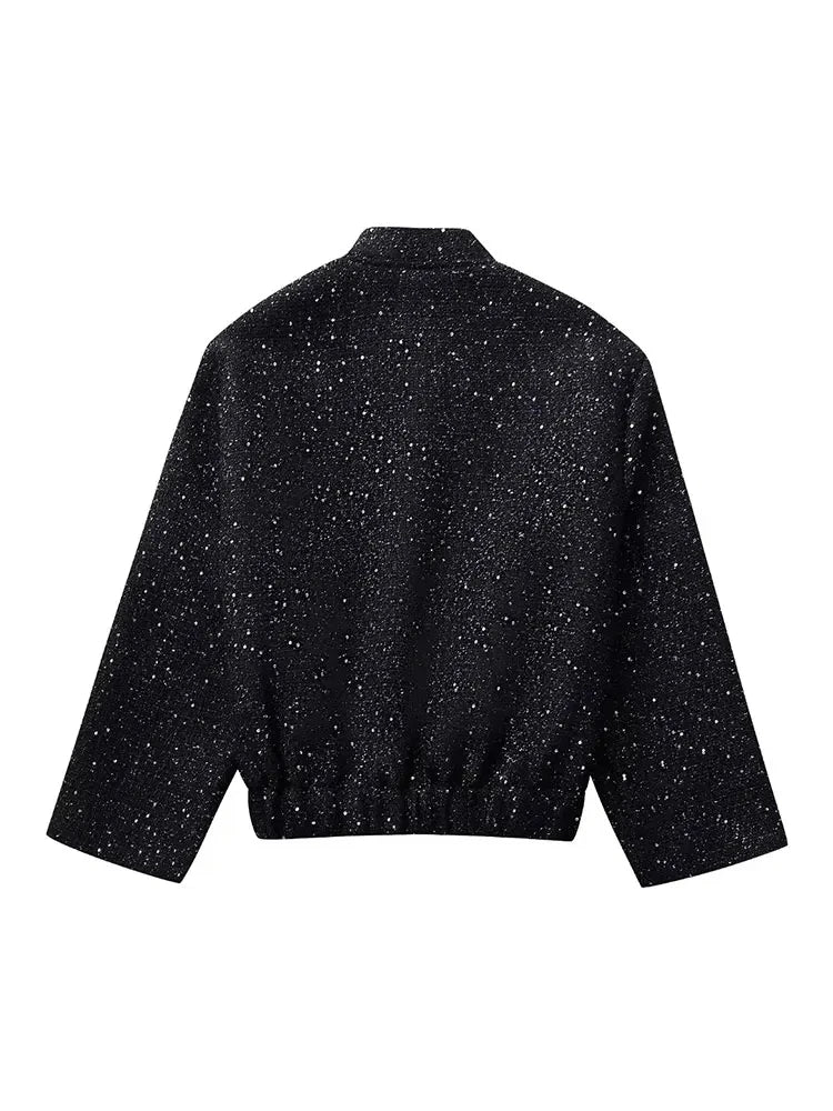Chic Black Sequin Tweed Jacket