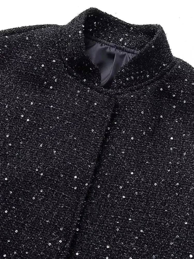 Chic Black Sequin Tweed Jacket