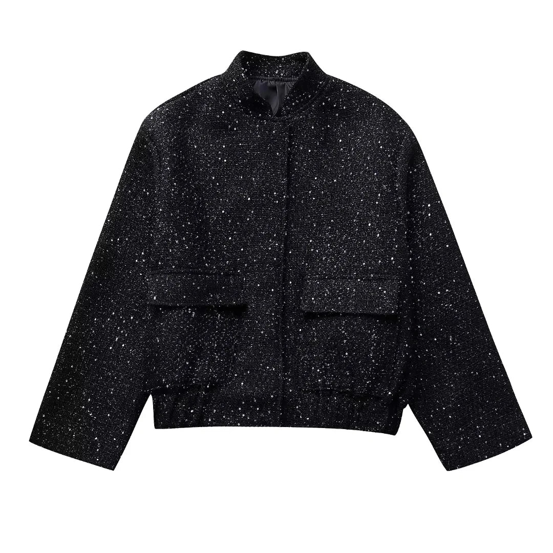 Chic Black Sequin Tweed Jacket