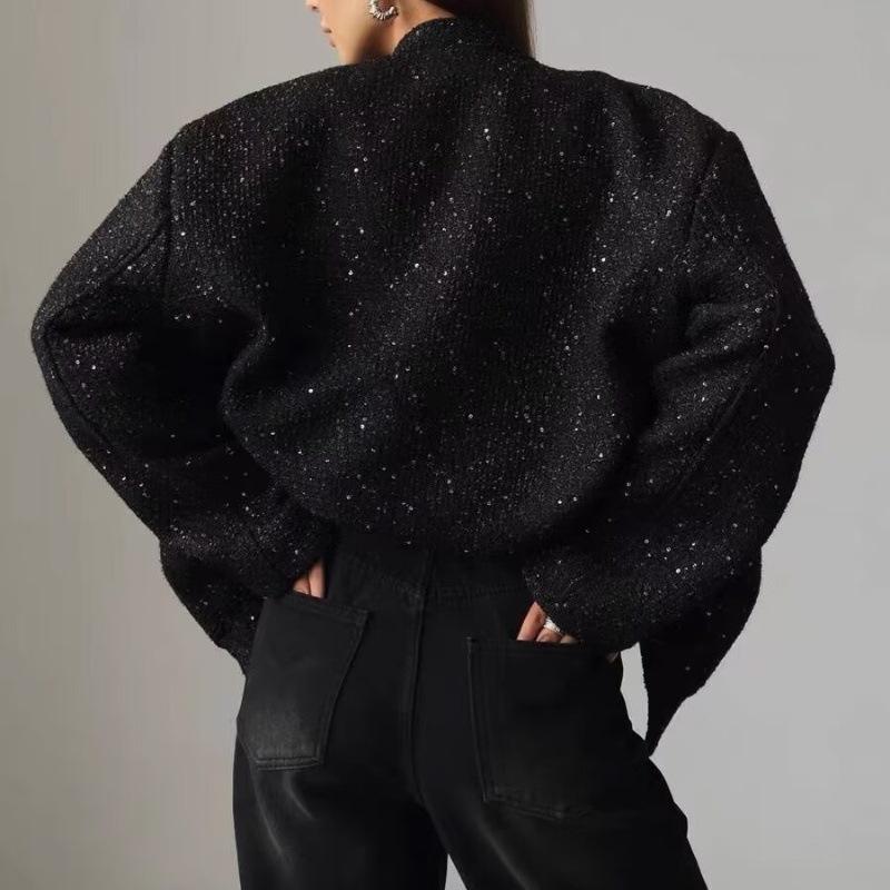 Chic Black Sequin Tweed Jacket