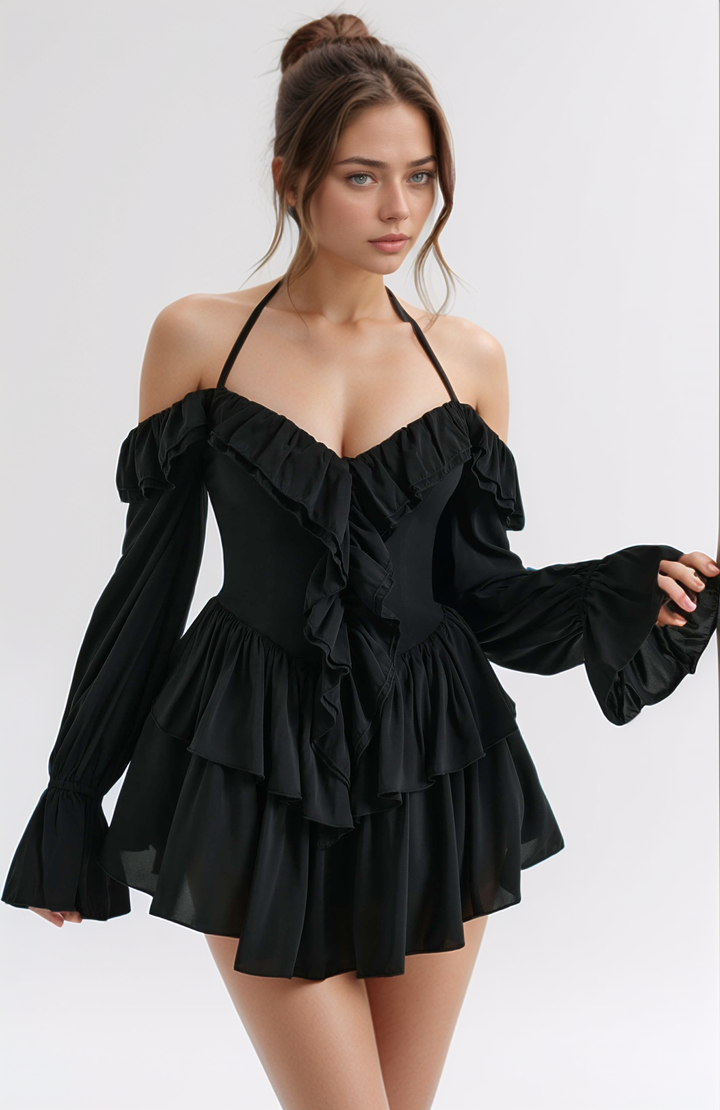 Blush Ruffle Off-Shoulder Dress (Black)
