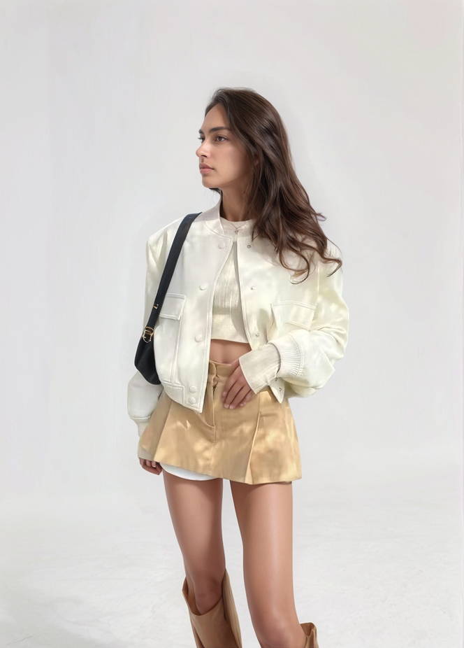 Cropped Fleece Button Jacket (Beige)
