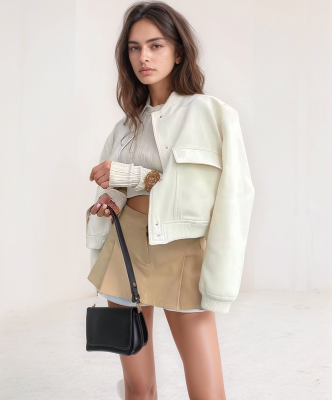 Cropped Fleece Button Jacket (Beige)