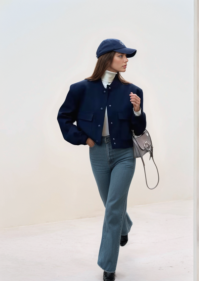 Cropped Fleece Button Jacket (Navy Blue)