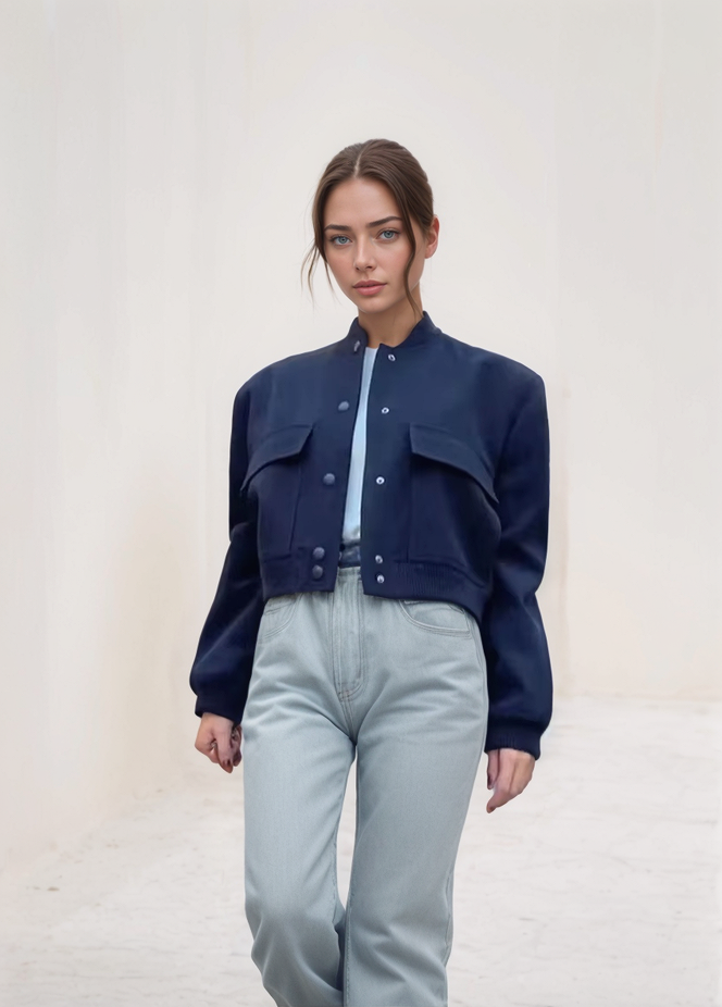 Cropped Fleece Button Jacket (Navy Blue)