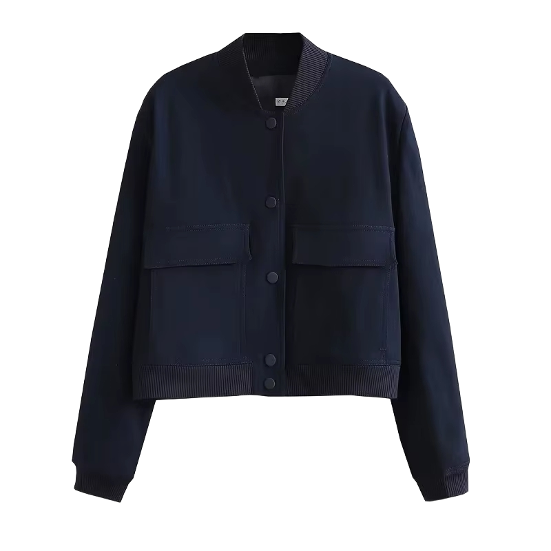 Cropped Fleece Button Jacket (Navy Blue)