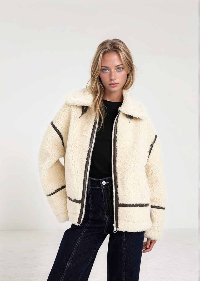Cozy Faux Fur Jacket with Polo Collar & Zippered Pockets