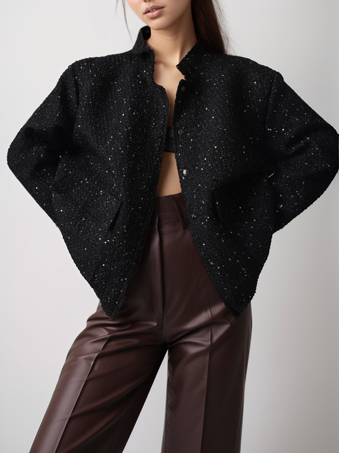 Chic Black Sequin Tweed Jacket