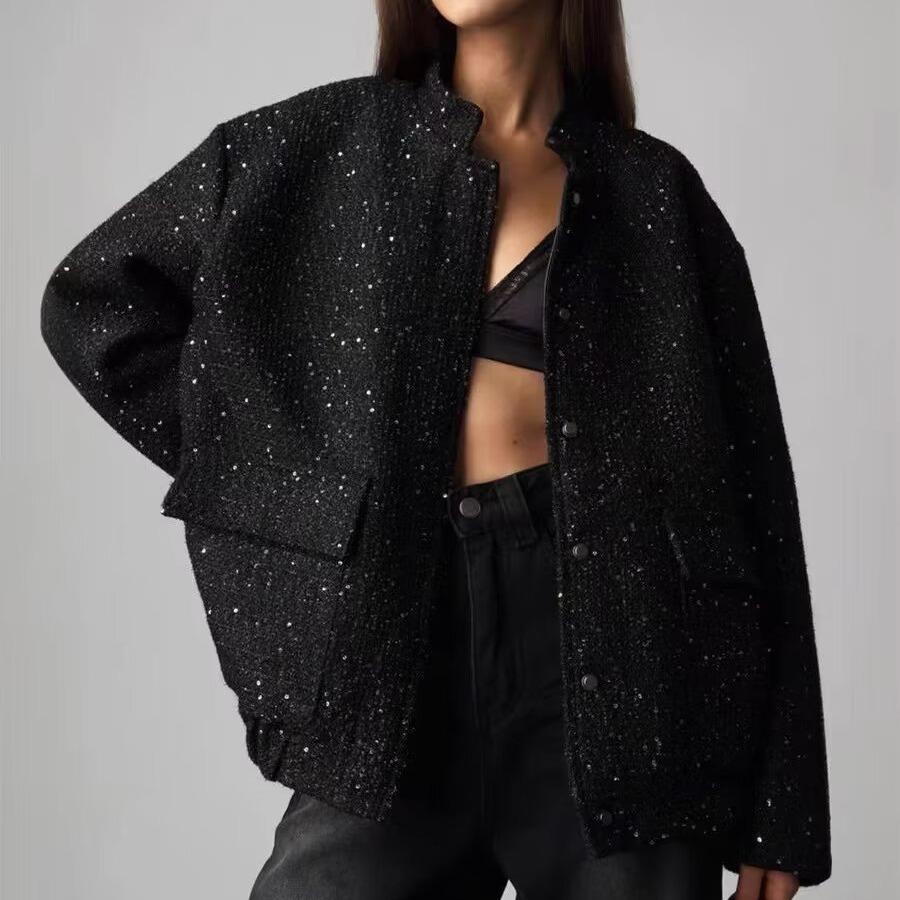 Chic Black Sequin Tweed Jacket